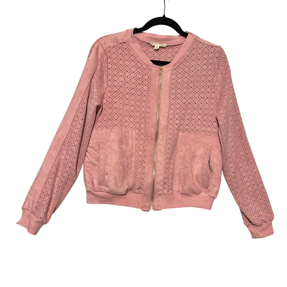 Alythea Pink Faux Suede Laser Cut Bomber‎ Jacket Women's Medium Long Sleeve